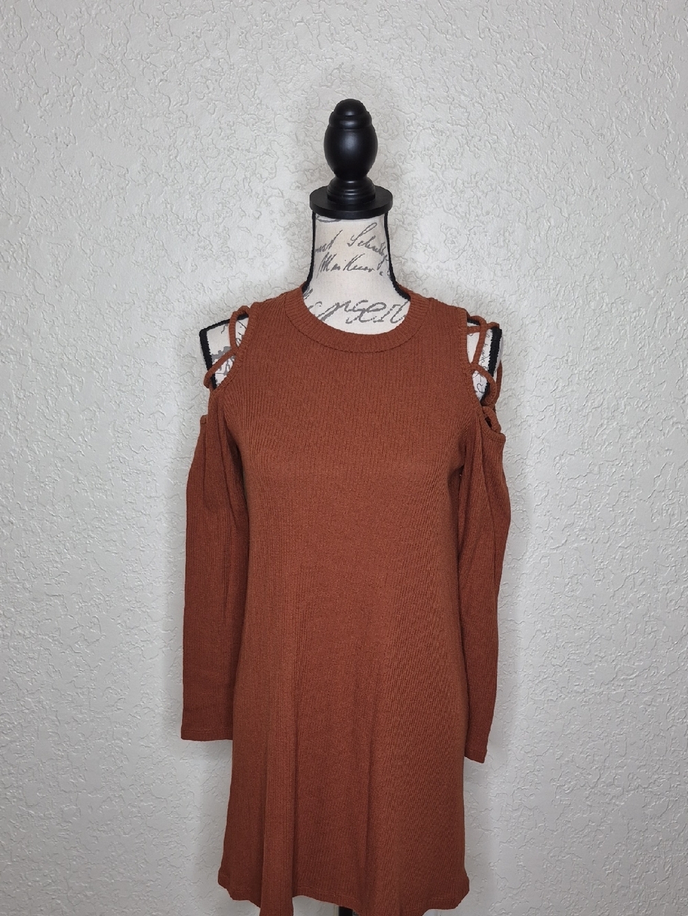 Derek Heart Cold Shoulder Ribbed Sweater Dress Brown Size M